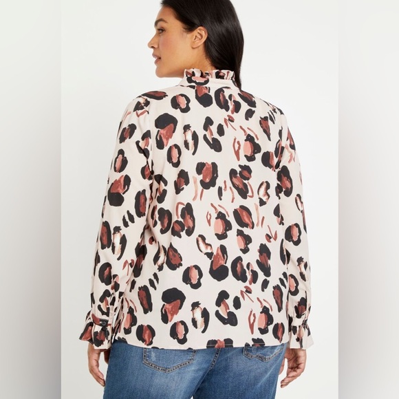 ELOQUII NWT Tan Animal Printed Button Down Shirt with Ruffle Neck Plus Size 16 - Picture 3 of 13